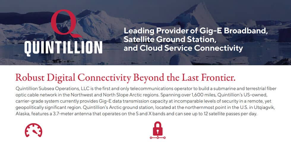 Quintillion banner featuring Arctic ice landscape with text promoting broadband, satellite, and cloud connectivity