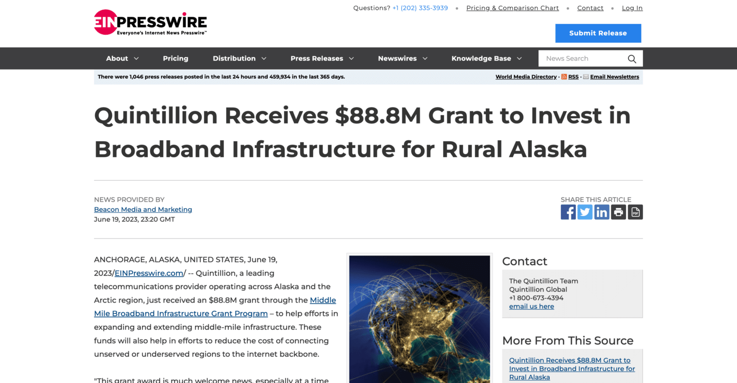 Press release announcing Quintillion receiving an $88.8M grant to expand broadband infrastructure in rural Alaska