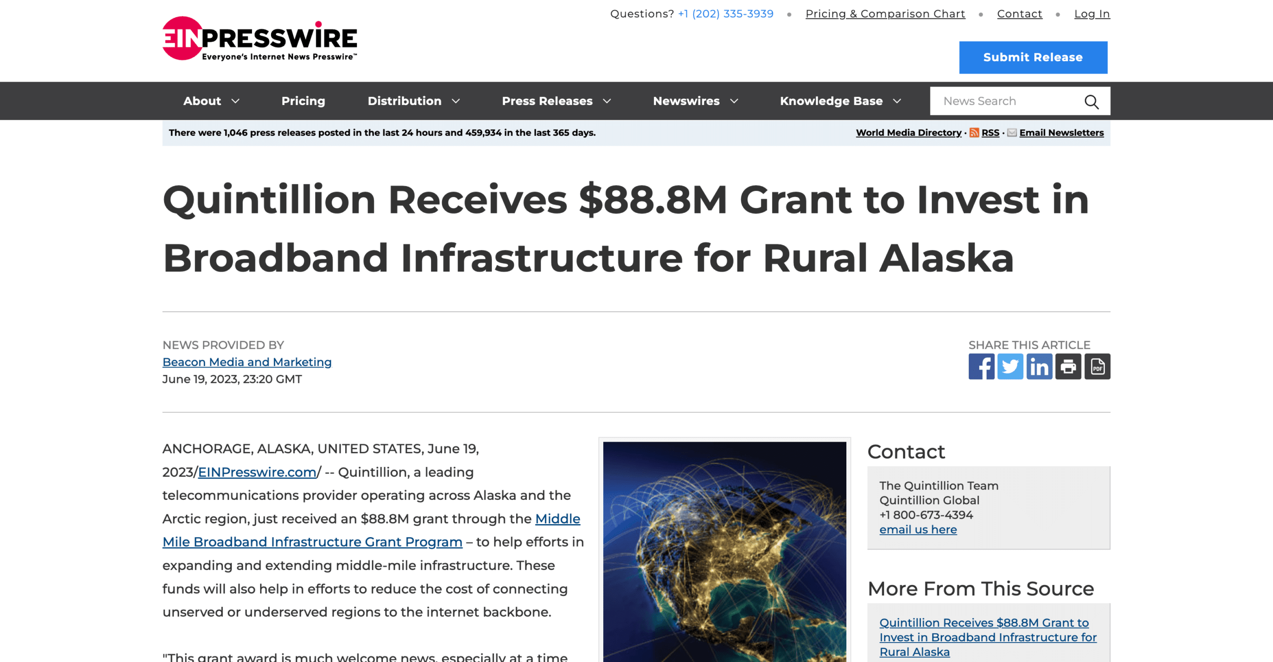 Press release announcing Quintillion receiving an $88.8M grant to expand broadband infrastructure in rural Alaska