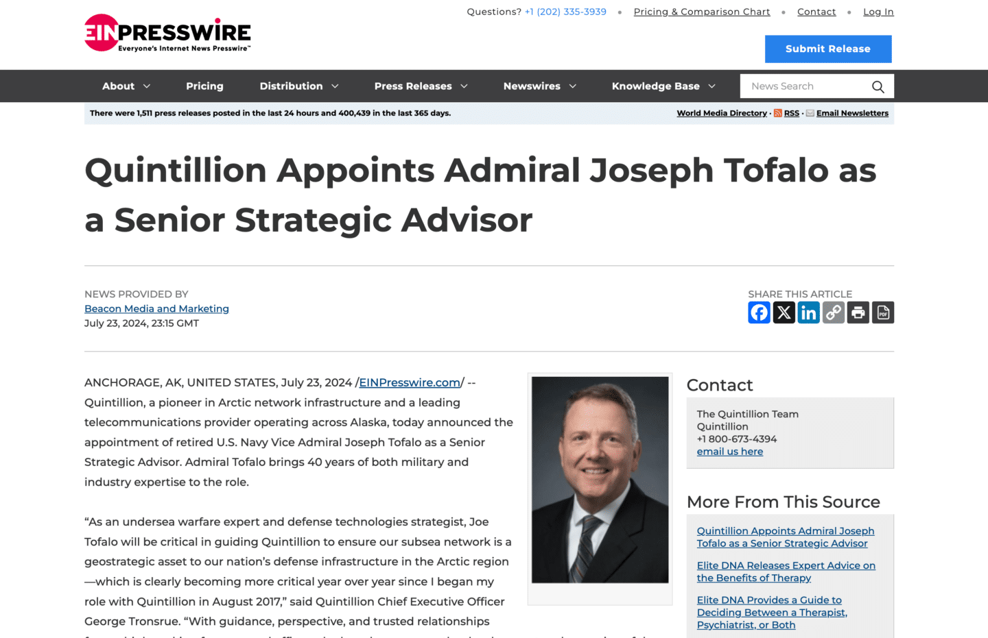 Press release announcing Admiral Joseph Tofalo as Quintillion’s Senior Strategic Advisor with his headshot shown