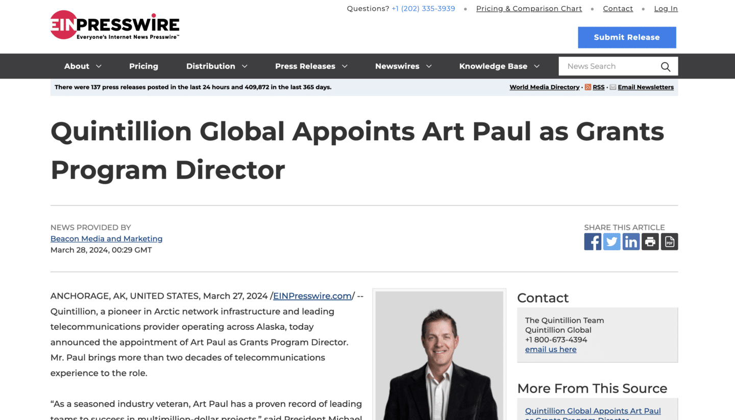 Press release announcing Admiral Joseph Tofalo as Quintillion’s Senior Strategic Advisor with his headshot shown