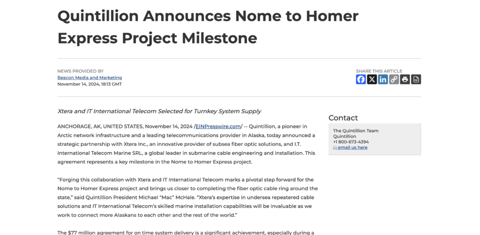 News article headline announcing a $25 million USDA grant awarded to Quintillion to expand broadband in Hooper Bay