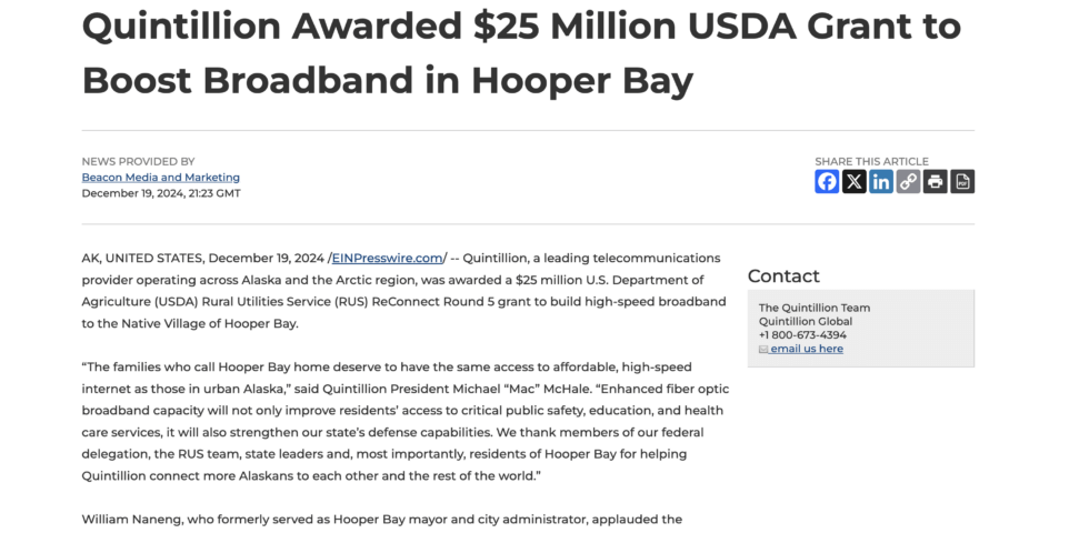 News article headline announcing a $25 million USDA grant awarded to Quintillion to expand broadband in Hooper Bay