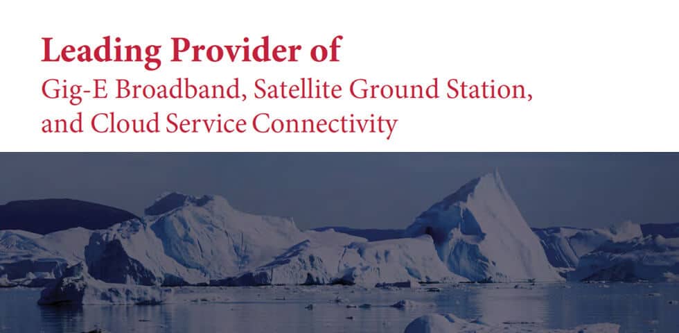 Quintillion banner featuring Arctic ice landscape with text promoting broadband, satellite, and cloud connectivity